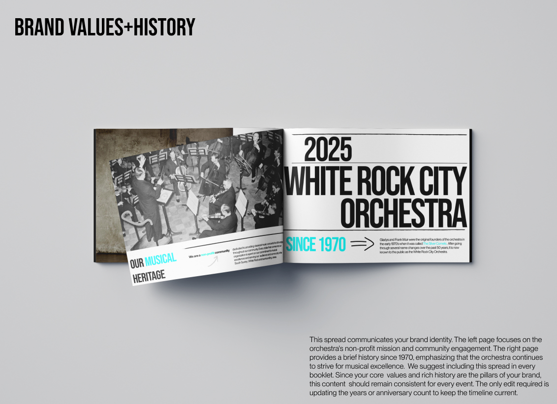 White Rock City Orchestra booklet spread with consistent typography and colour