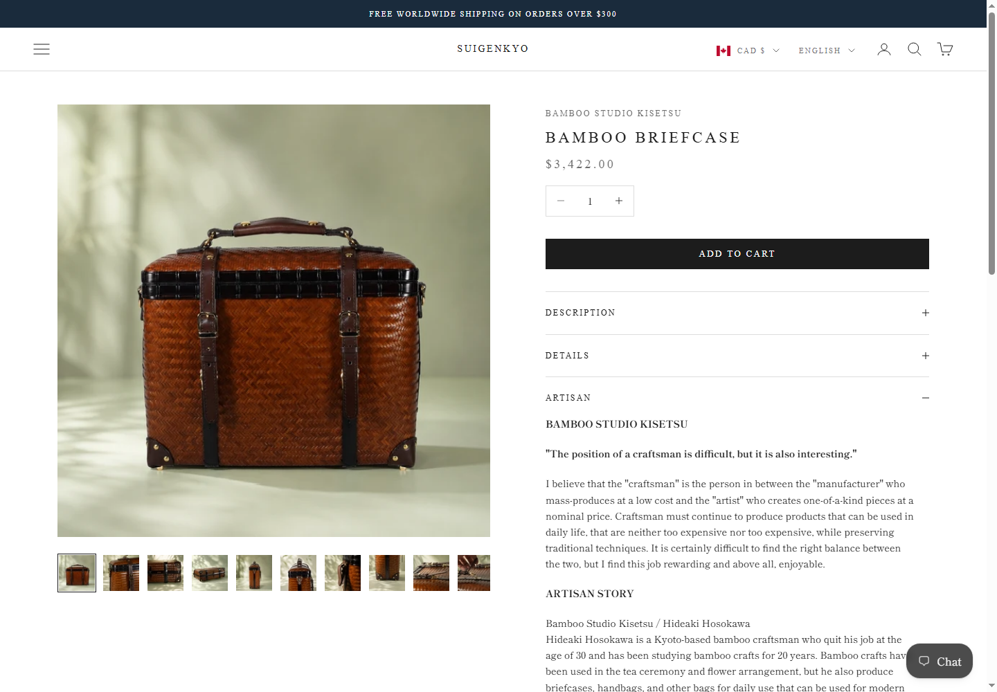 Original bamboo briefcase page with the Artisan section expanded