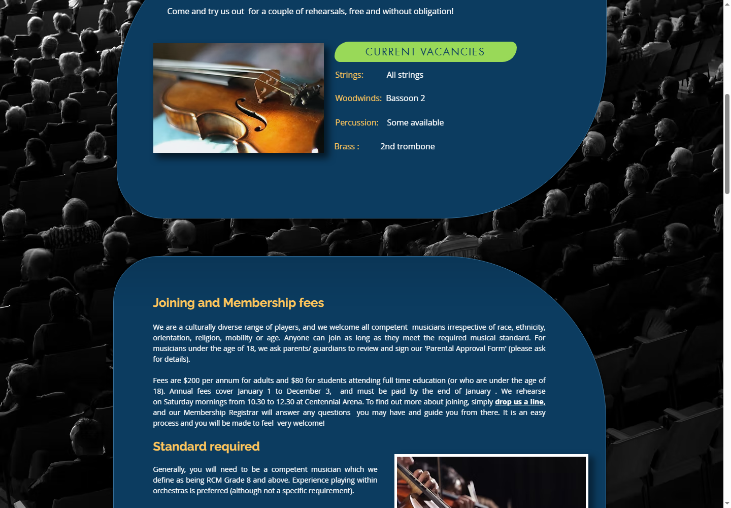 Original orchestra membership page with multiple colours, shapes and text treatments